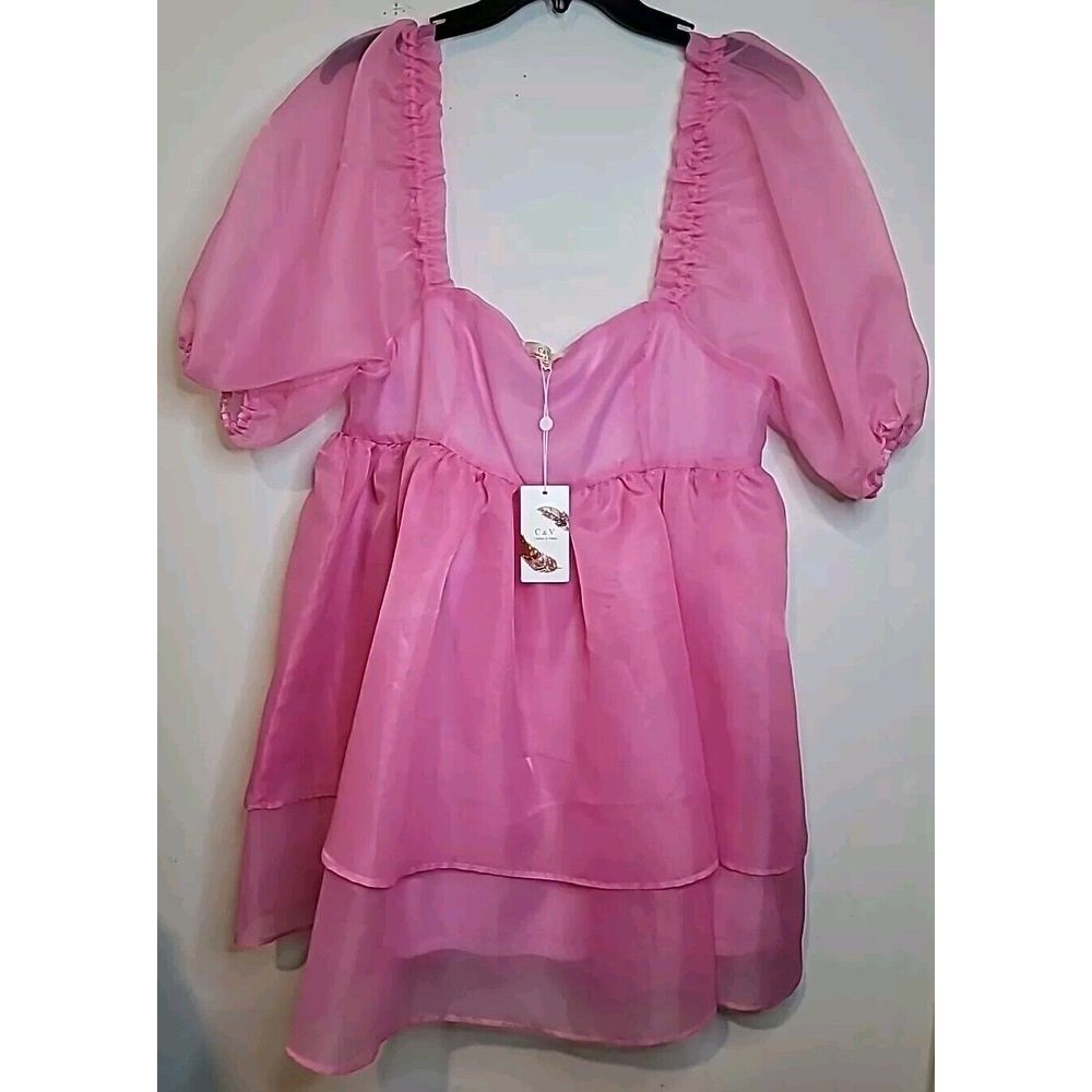 NWT Chelsea and Violet Short‎ Dress Large Pink Sheer Puff Sleeve Babydoll Barbie